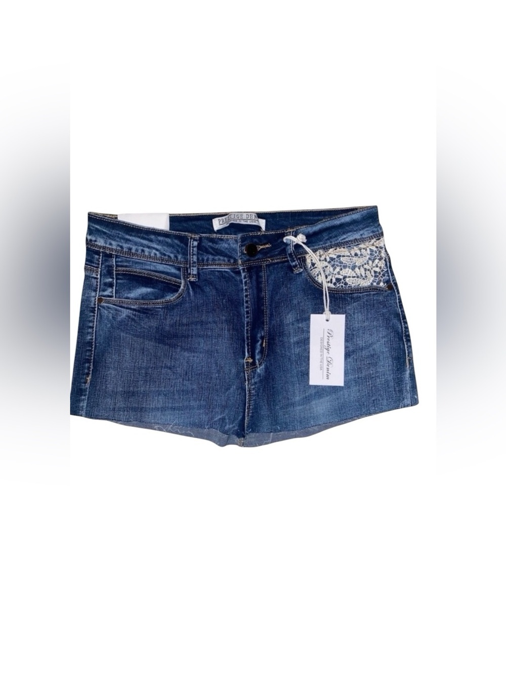 PRESTIGE DENIM Micro Mini Skirt w/Raw Cut Hem, Lace Embellishments BLUE Size 7